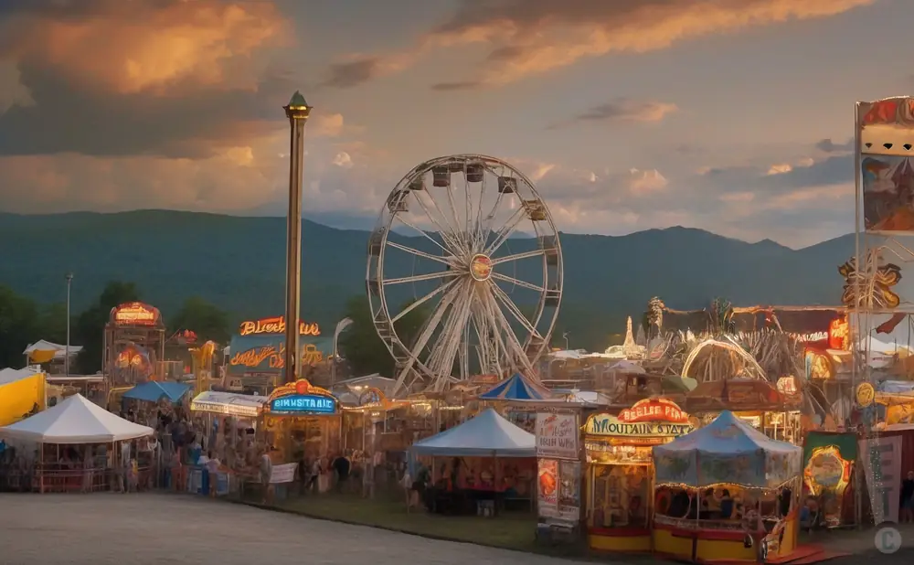 a professional promo picture of the belleayre mountain state fair empty at sunset with clouds. 