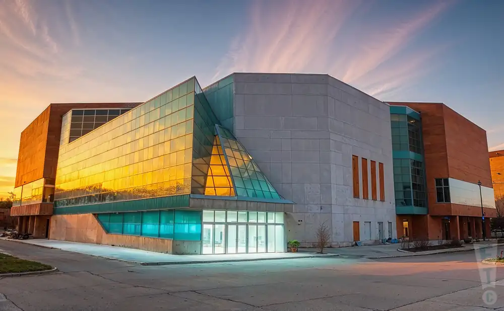 a photograph of the bmo harris bank center in rockford, illinois, captured at sunset. 