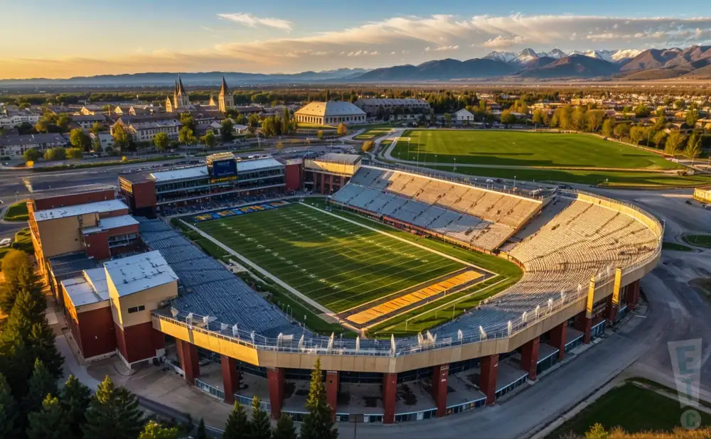 a hyper-realistic wide-angle aerial photograph of bobcat stadium at montana state university in bozeman, montana, captured during golden hour just before sunset.