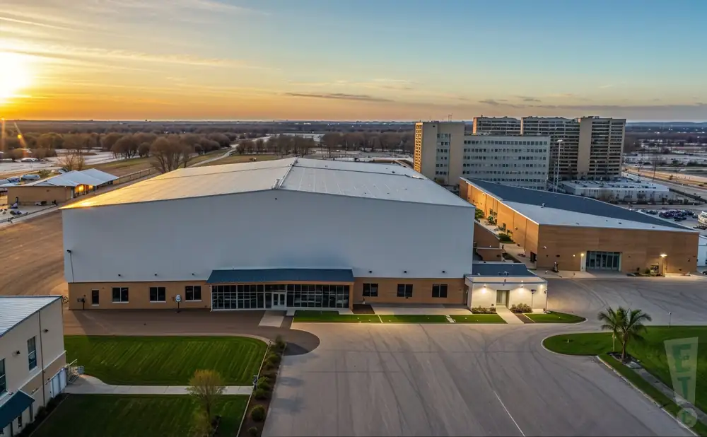 a hyper-realistic wide-angle aerial photograph of bonnetts energy arena at bonnetts energy centre in grande prairie, alberta