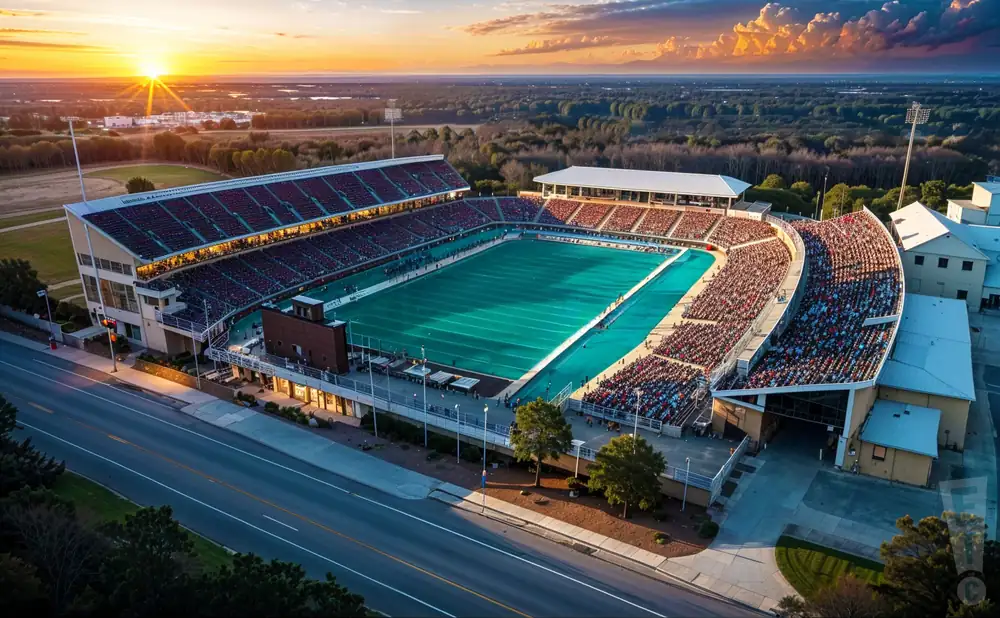 a hyper-realistic wide-angle aerial photograph of brooks stadium in conway, south carolina, captured at sunset with the golden light highlighting the stadium’s distinct open-air architecture.