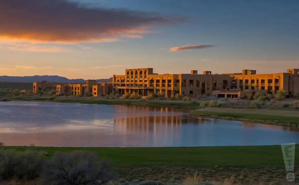 a cinematic ultra-realistic photograph of buffalo thunder resort & spa in santa fe, new mexico, captured at sunset. 