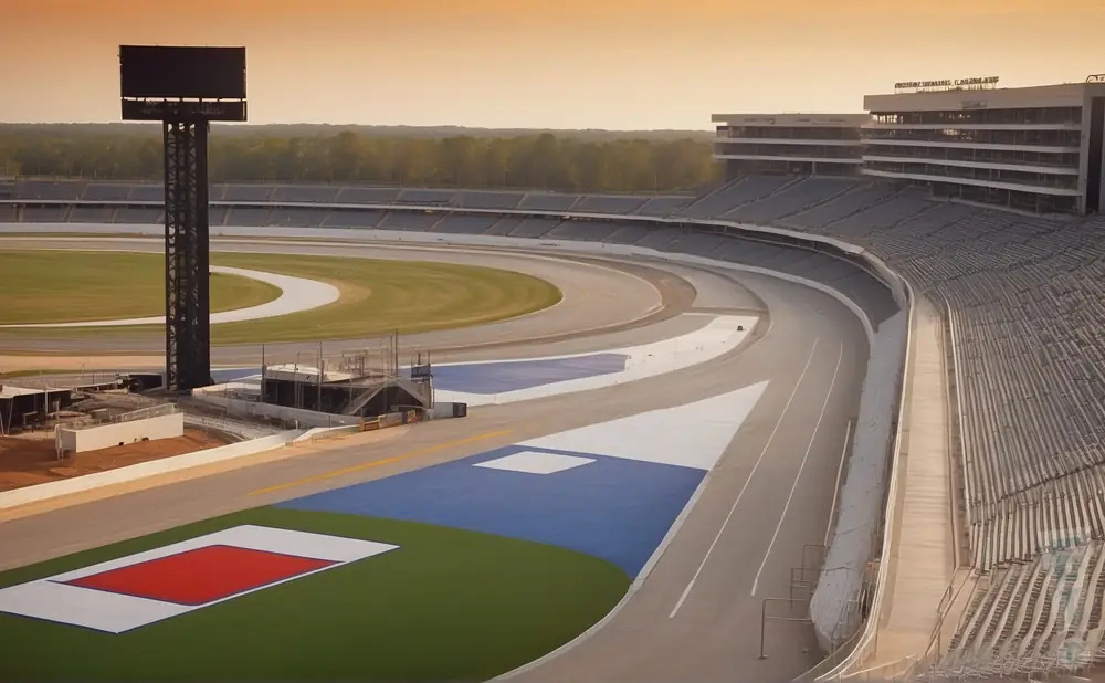 a realistic drone promo venue photograph of the charlotte motor speedway at sunset.