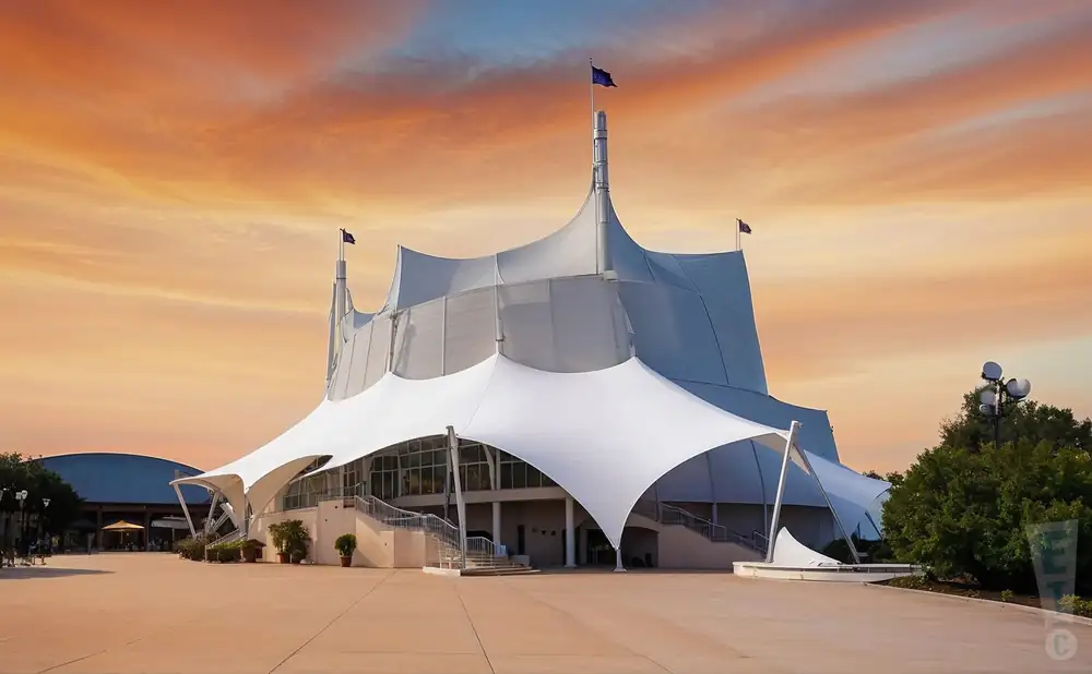 a cinematic photograph of the cirque du soleil building at disney springs in orlando, florida, captured at sunset. 