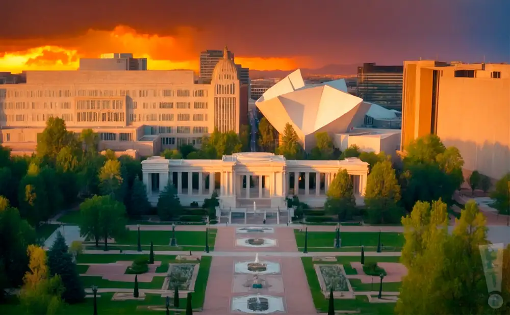 a photograph of denver civic center park, taken at sunset.