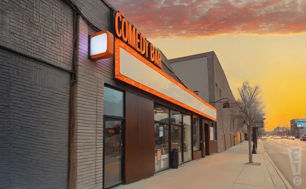 a realistic promo venue photograph of the comedy bar toronto at sunset.