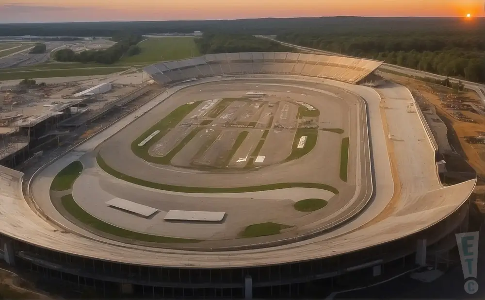 a realistic drone promo venue photograph of the dover motor speedway at sunset.