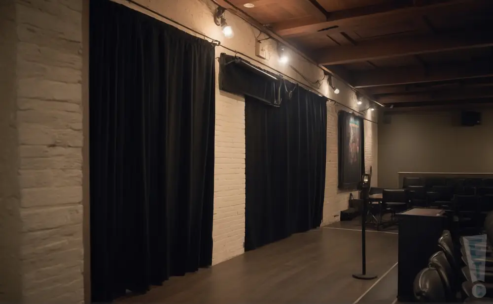 a realistic promo venue photograph of the dr grins comedy club at the bob at night.