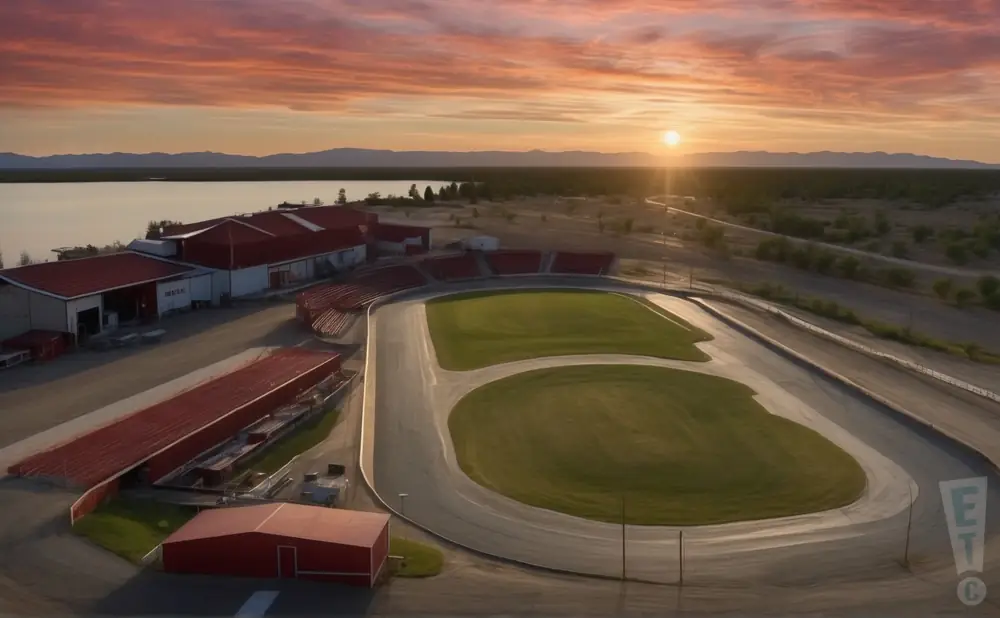 a realistic drone promo venue photograph of the elko speedway at sunset. 