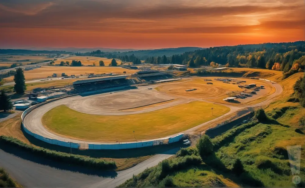 a realistic drone promo venue photograph of the evergreen speedway at sunset with clouds.