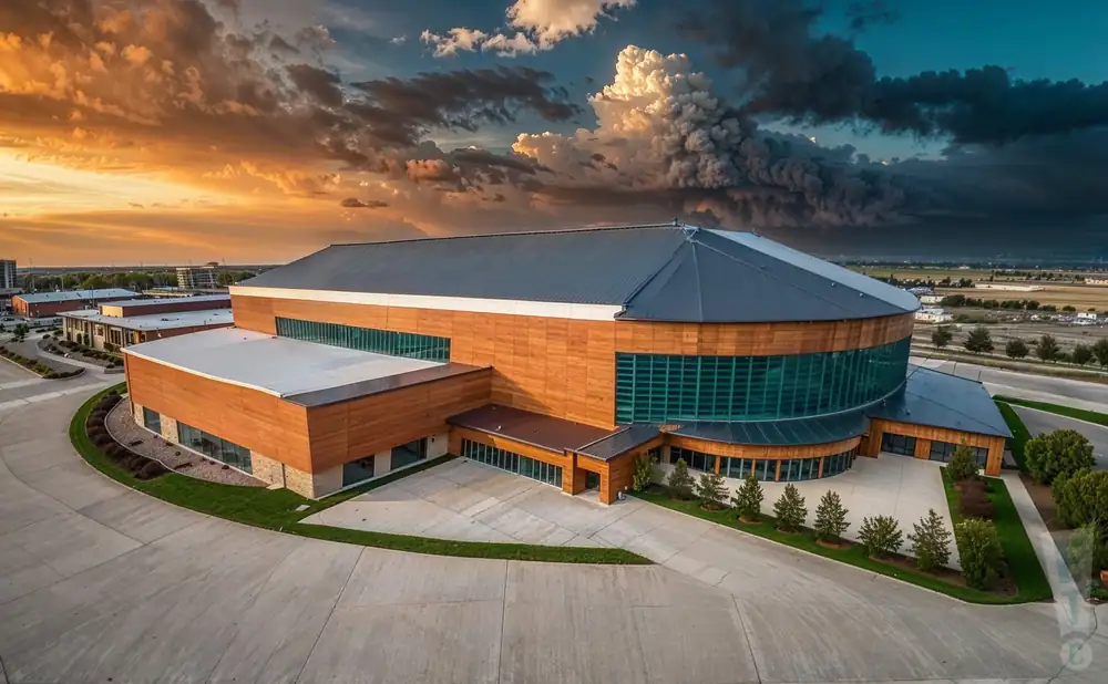 a photograph of the fargodome in fargo, north dakota, captured at sunset. 