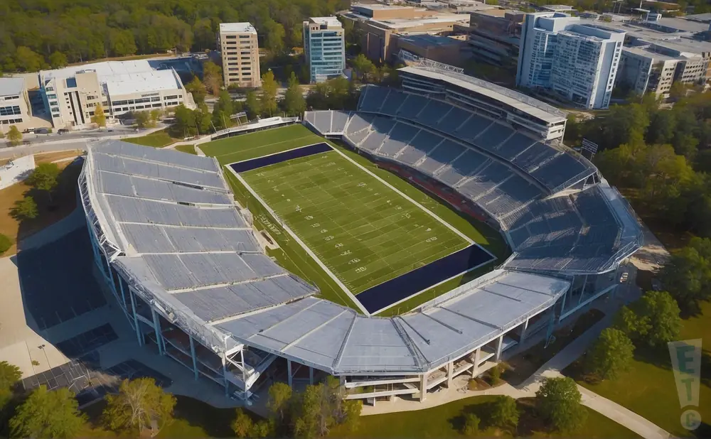 a realistic drone promo venue photograph of firstbank stadium at sunset. 