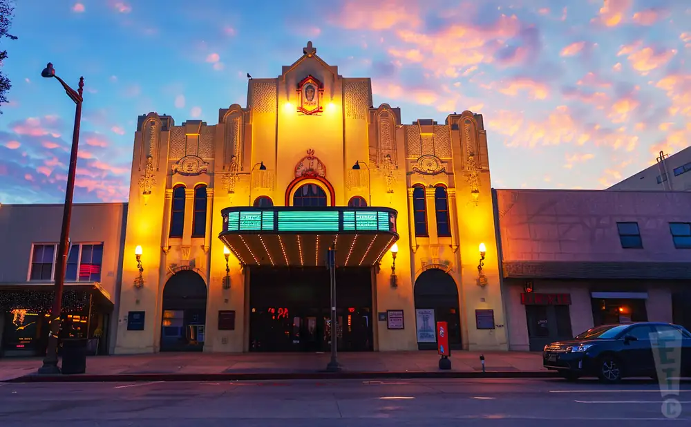 an exterior promotional venue picture of golden state theatre  with a sunset sky