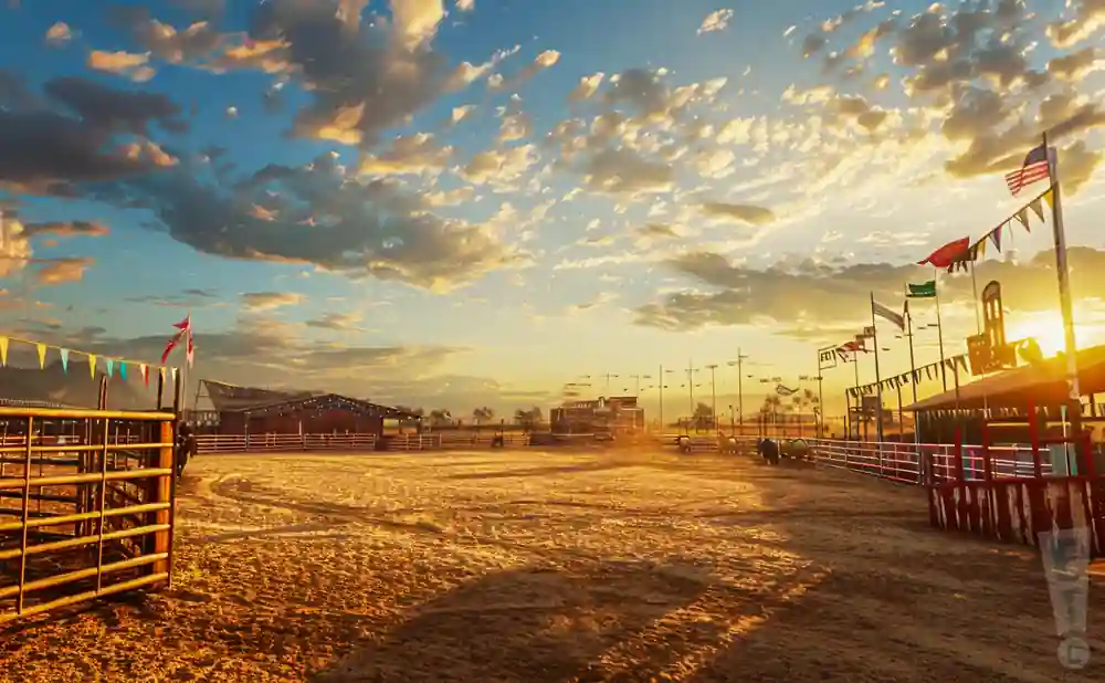 a realistic image of the hamel rodeo at the corcoran lions park at sunset