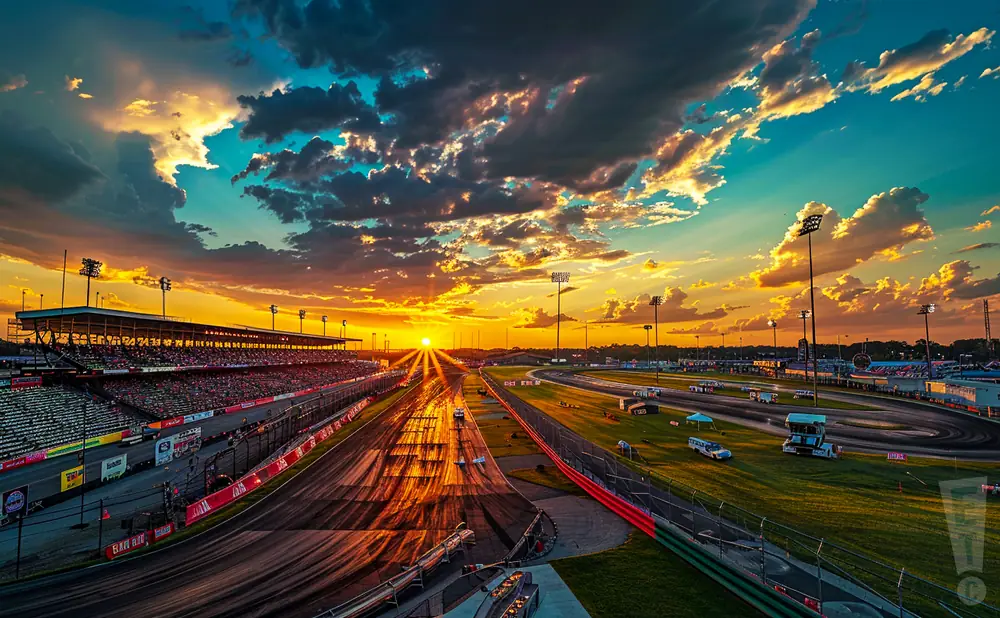 an exterior promotional venue picture of the house of power stadium at oc fair speedway at sunset