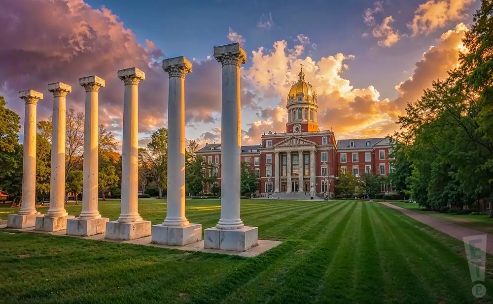 a photograph of jesse hall at the university of missouri in columbia, missouri, captured on a clear spring afternoon.