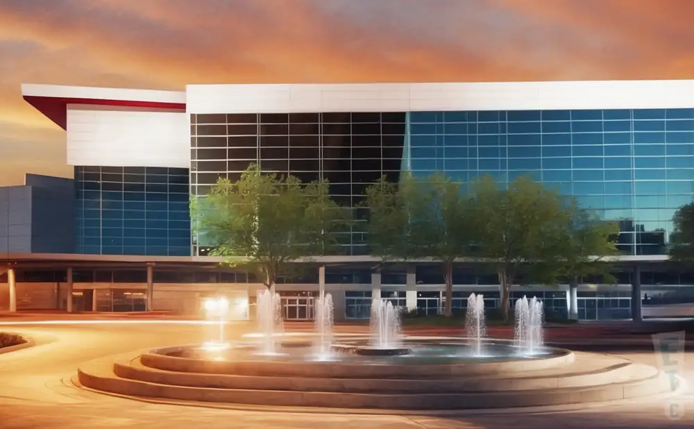 a photography of the kfc yum! center at sunset with clouds.
