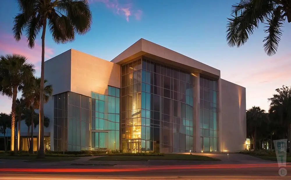 a photograph of the king center for the performing arts in melbourne, florida, captured at sunset.