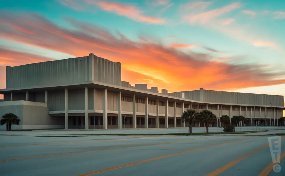 a promotional exterior picture of the lake charles event center arena at sunset.