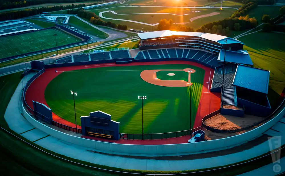 a promotional aerial photograph of liberty baseball stadium at sunset.
