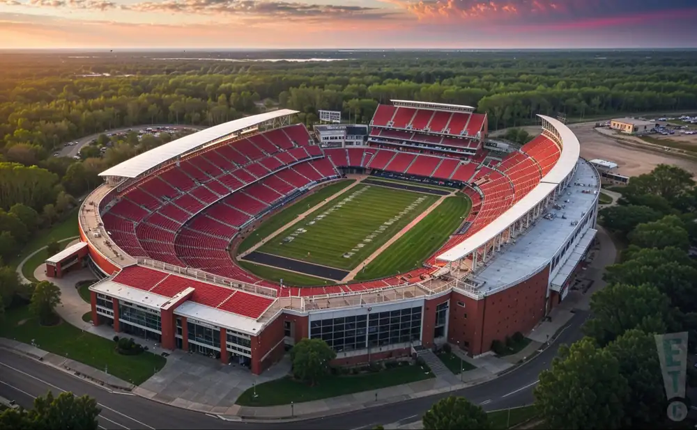a realistic drone promo venue photograph of l&n federal credit union stadium at sunset.