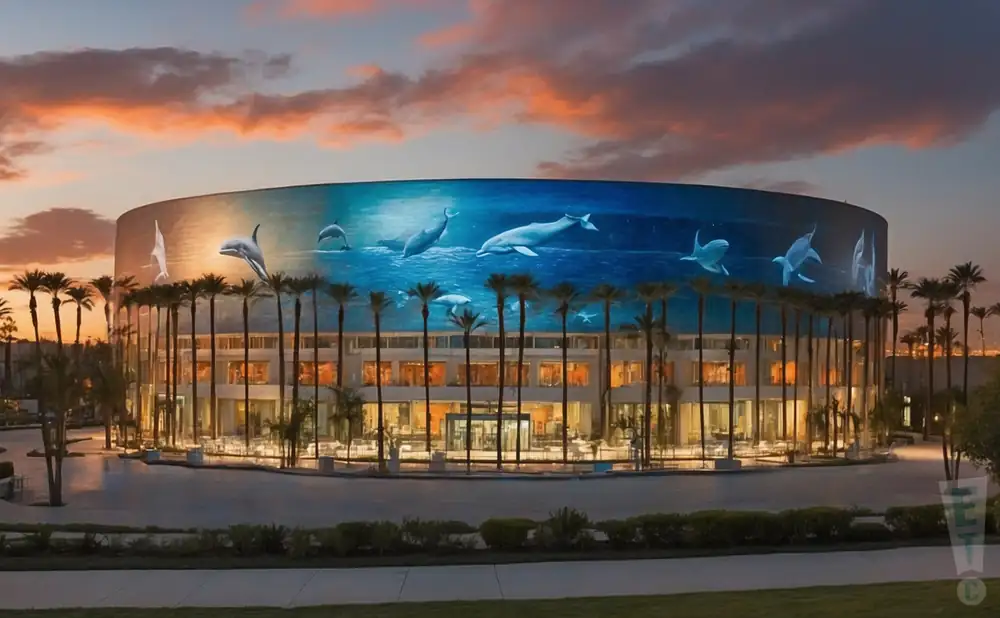 a hyper-realistic wide-angle aerial photograph of the long beach convention center in long beach, california, captured at sunset.