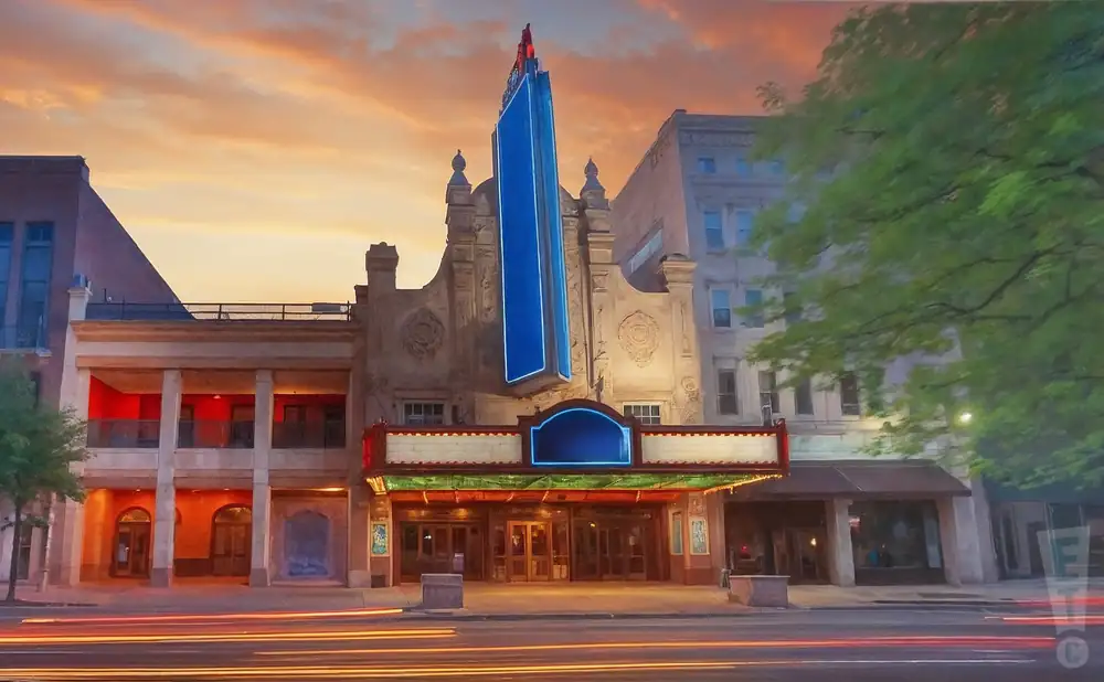 a photograph of louisville palace in louisville, kentucky, at sunset, emphasizing the building's elaborate and artistic design.