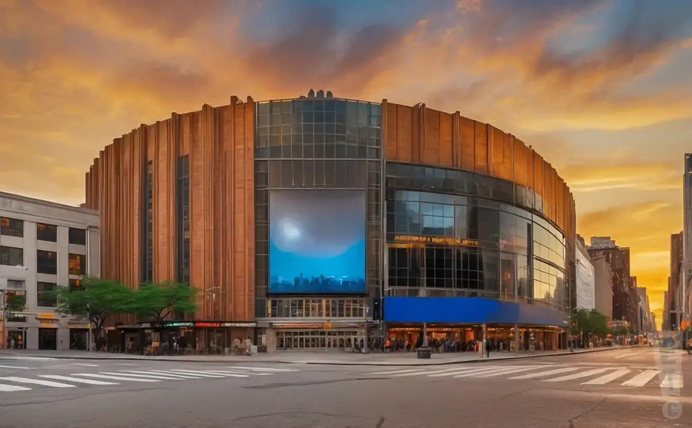 a photograph of the madison square garden at sunset with clouds.