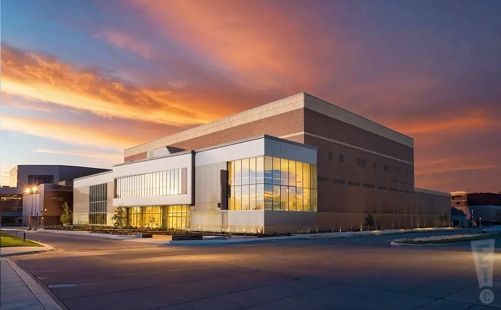 a photograph of the mayo clinic health system event center in mankato, minnesota, captured at sunset. 