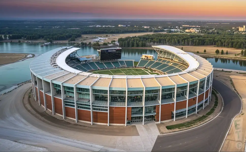 a realistic drone promo venue photograph of mclane stadium at sunset.