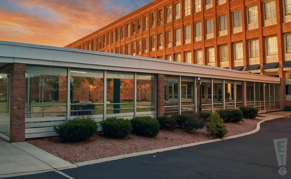 a photograph of meadow brook theatre in rochester, michigan, captured at sunset.