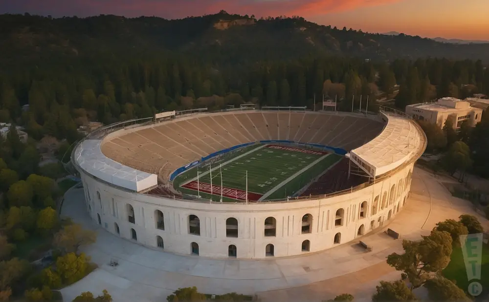 a realistic drone promo venue photograph of memorial stadium ca at sunset. 
