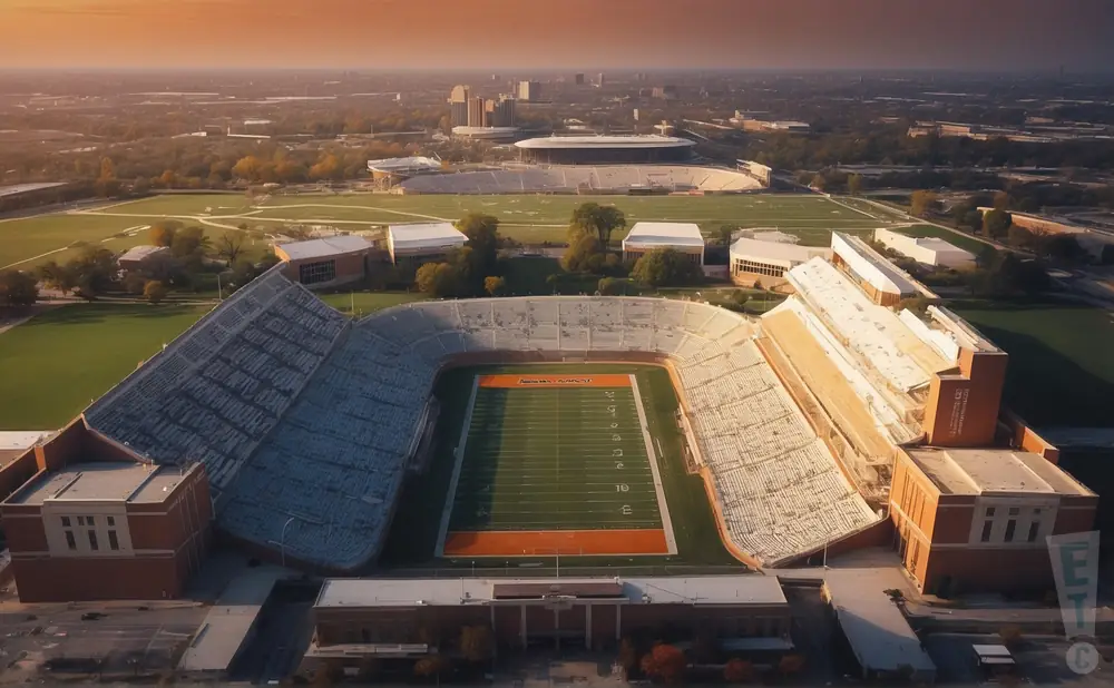 a realistic drone promo venue photograph of memorial stadium il at sunset. 