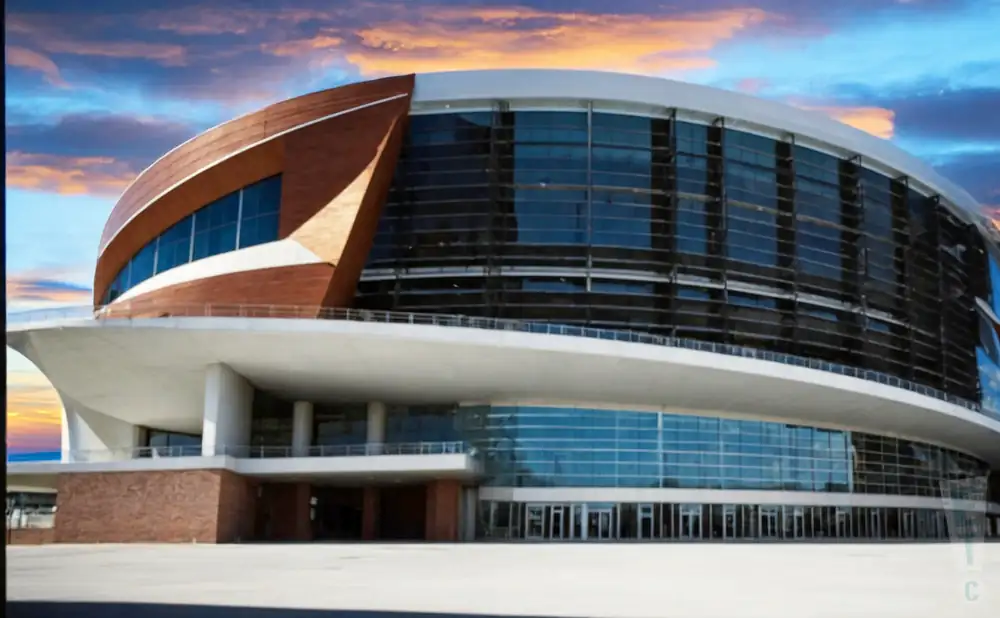 an exterior promotional venue picture of michelob ultra arena with a sunset sky