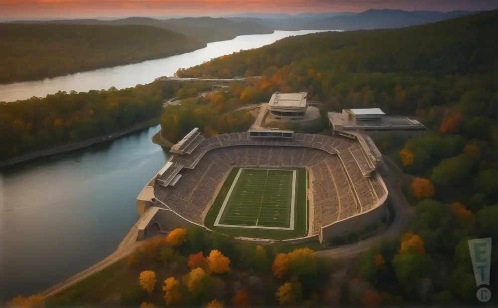 a realistic drone promo venue photograph of michie stadium at sunset. 