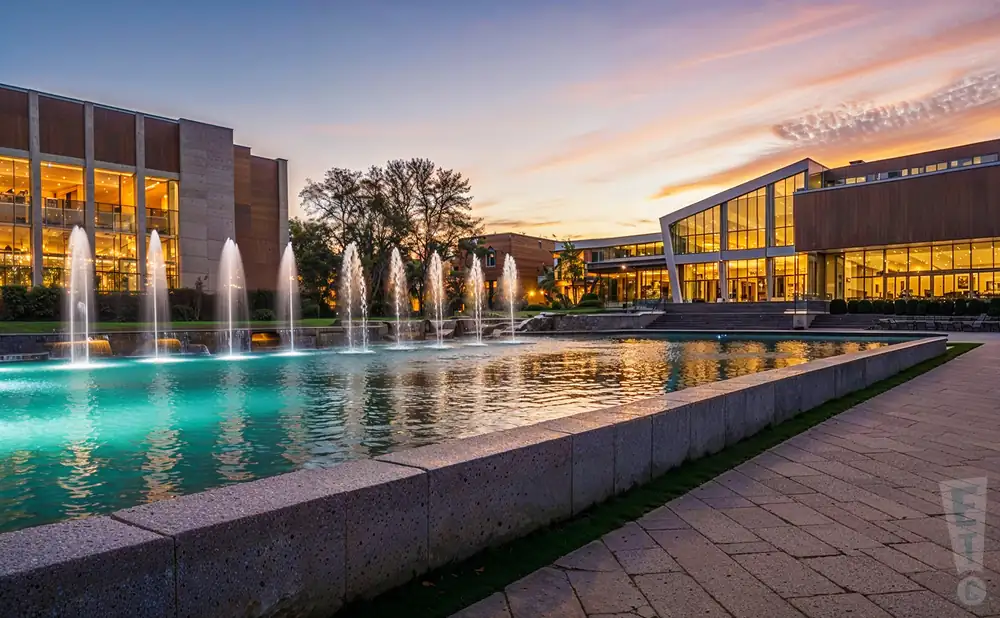 a photograph of miller auditorium at western michigan university in kalamazoo, michigan, captured at sunset. 