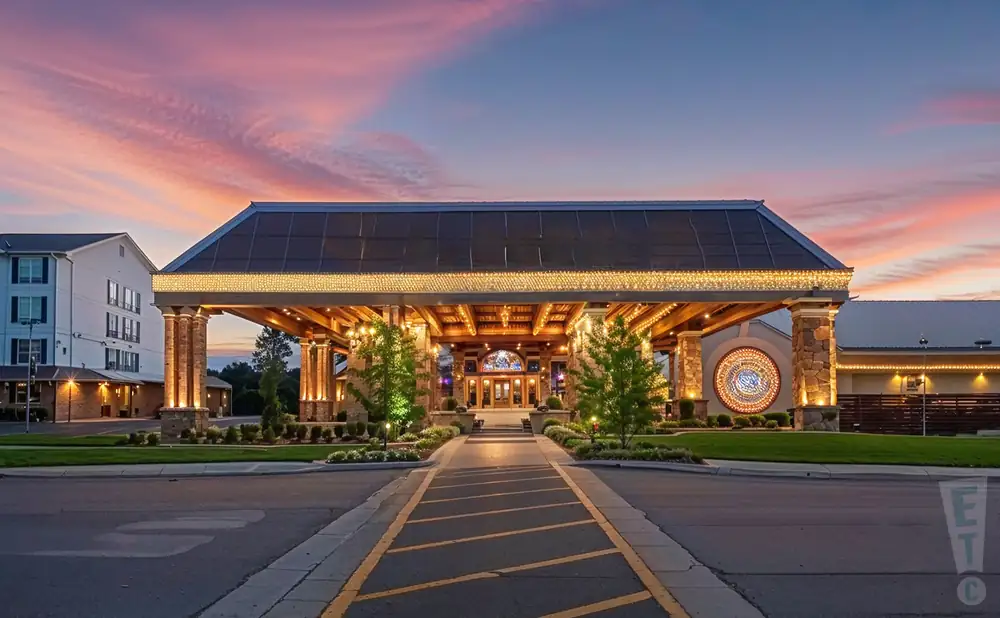 a hyper-realistic wide-angle aerial photograph of diamond jo casino in dubuque, iowa, captured at sunset with golden light casting warm highlights across the casino’s bold and industrial-style archite