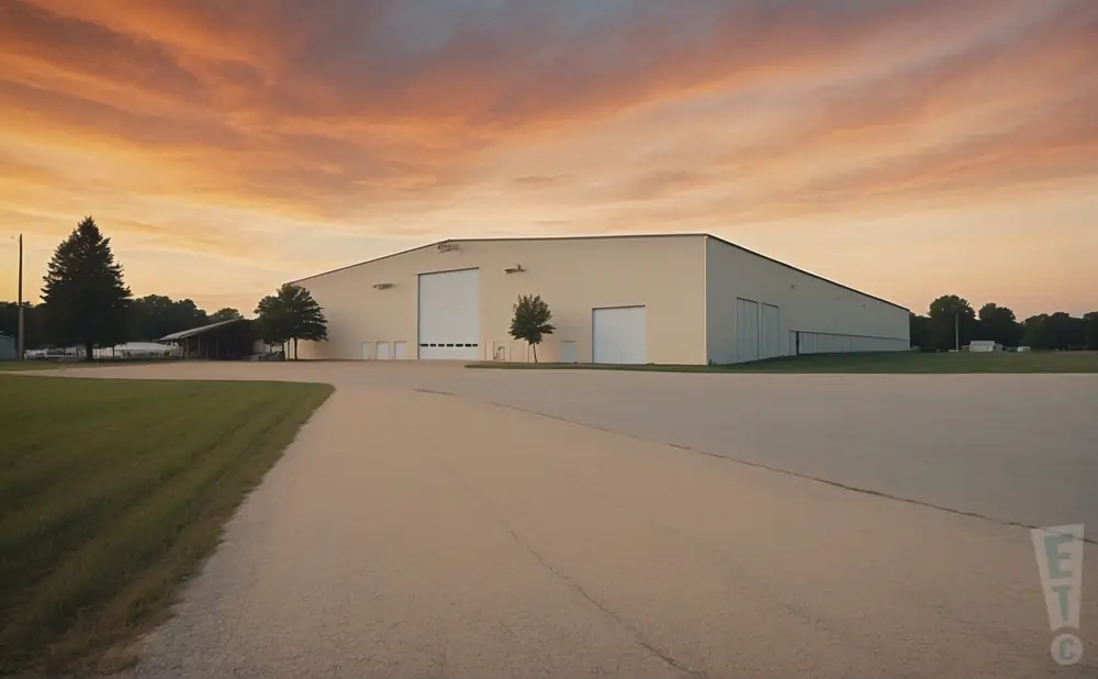 a professional promo picture of the monroe county fairgrounds empty at sunset with clouds. 
