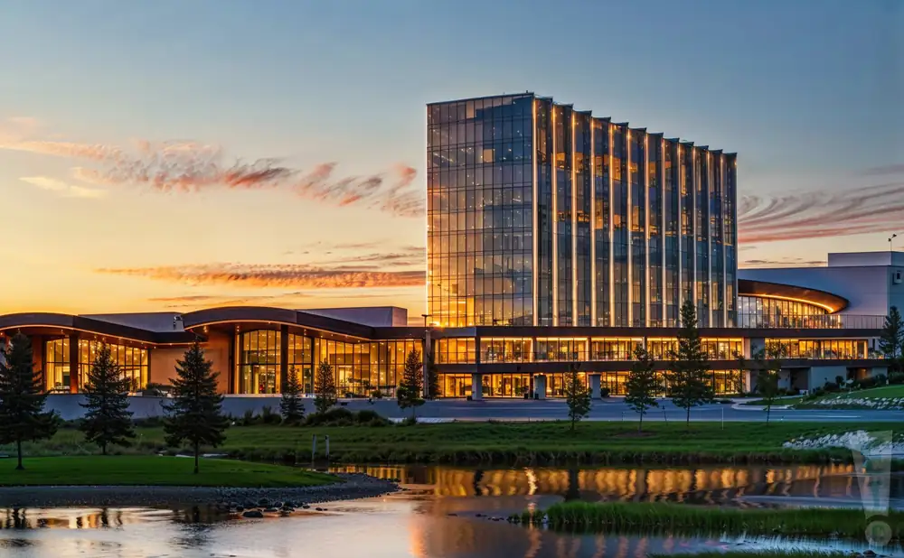 a photograph of mystic lake showroom in prior lake, minnesota, captured at sunset.
