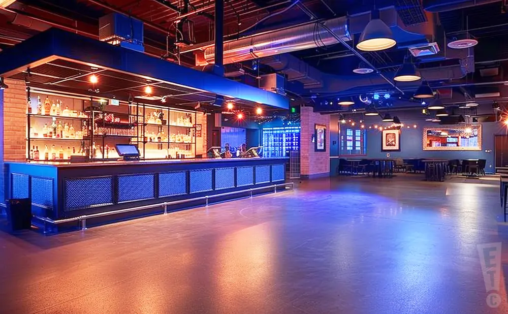 generate a realistic promo venue photograph of the waiting room lounge at night