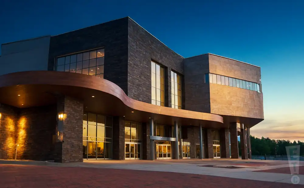 an exterior promotional venue picture of pablo center at the confluence (eau claire wi) with a night sky,
