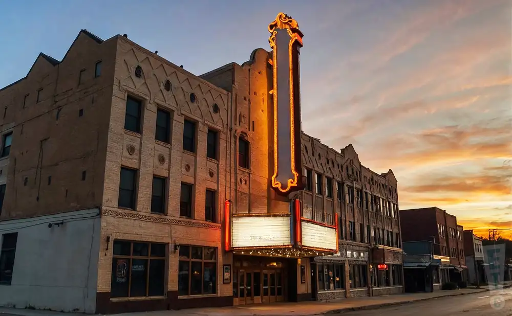 a photograph of the paramount theatre in anderson, indiana, captured at sunset. 