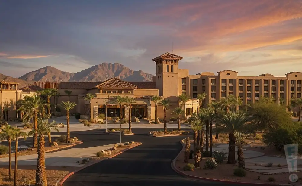 a hyper-realistic wide-angle aerial photograph of the quechan casino resort in winterhaven, california, captured at sunset with golden light emphasizing the resort’s desert-modern architecture.