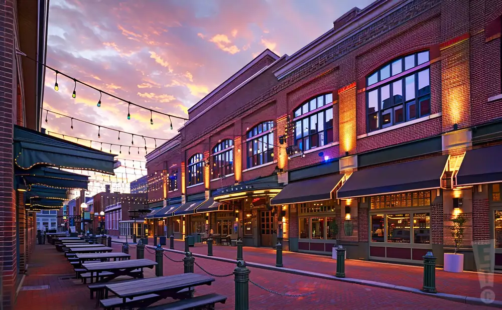 an exterior promotional venue picture of rams head live with a sunset sky