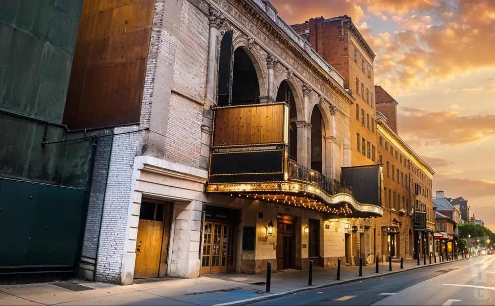 a cinematic photograph of the richard rodgers theatre in new york city, captured at sunset.