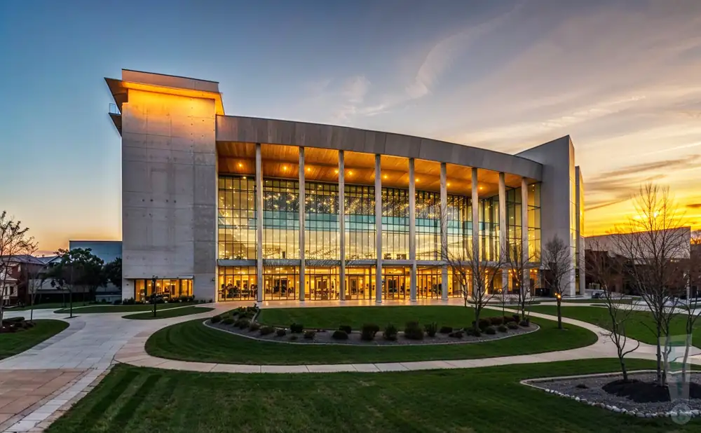 a photograph of sandler center for the performing arts in virginia beach, virginia, captured at sunset.