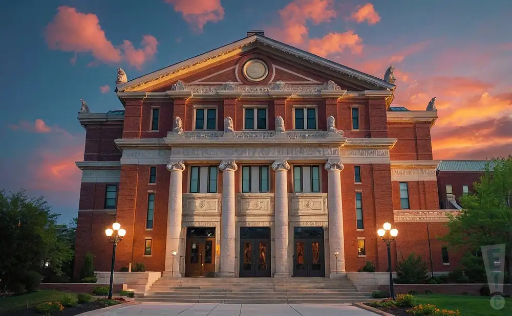 a photograph of sheldon concert hall at sunset, capturing the full front exterior of sheldon concert hall in st. louis, missouri. 