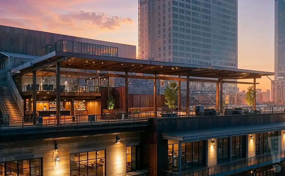 a photograph of skydeck on broadway in nashville, tennessee, captured at sunset.