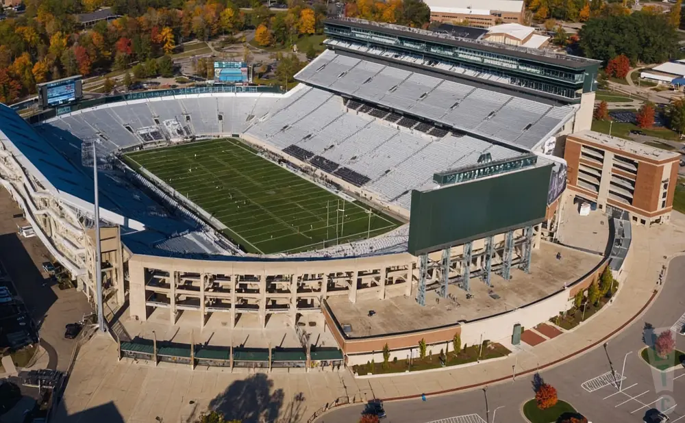 an aerial picture of the spartan stadium mi during a cloudy day