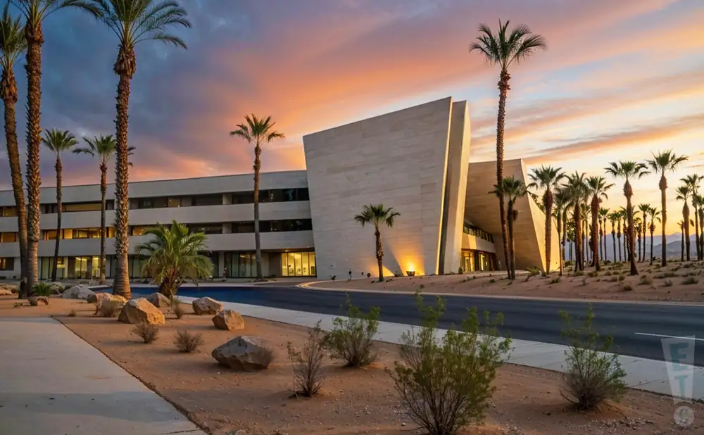 a hyper-realistic wide-angle photograph of spotlight 29 casino in coachella, california, captured at sunset. 